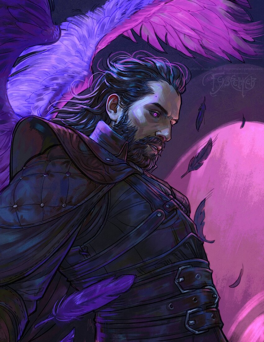 1boy, armor, beard, black_armor, black_hair, black_sclera, colored_sclera, dragon_age, dragon_age:_the_veilguard, facial_hair, feathered_wings, feyspeaker, highres, leather_armor, lucanis_dellamorte, purple_eyes, purple_wings, short_hair, signature, solo, upper_body, wings