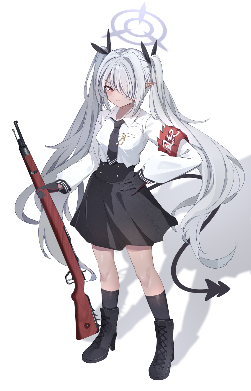 1girl, absurdres, astnya, black_boots, black_gloves, black_vest, blue_archive, blue_halo