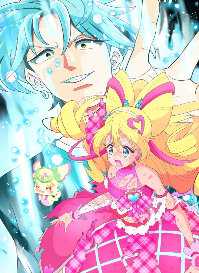 bare_shoulders, blonde_hair, blood, blood_on_face, blue_eyes, brooch, cure_idol, dress, earrings, exhausted, frilled_dress, frilled_skirt, frilled_sleeves, frills, gingham_clothes, gingham_skirt, gitgjudmgv1ill2, gloves, green_eyes, green_hair, green_shirt, hair_ornament, hair_ribbon, hairpin, half_up_hair_twist, hand_up, headband, heart, heart-shaped_ornament, heart_brooch, heart_earrings, heart_hair_ornament, hibiki_kaito, hoop_earrings, idol_heart_brooch_(precure), jewelry, kimi_to_idol_precure, long_hair, long_sleeves, open_mouth, parted_bangs, precure, purirun_(precure), ribbon, sakura_uta_(precure), scar, scar_on_face, shirt, short_hair, skirt, surprised, torn_clothes, very_long_hair, white_gloves