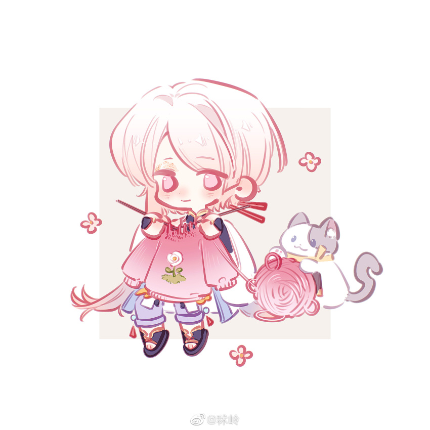 1boy, black_bridal_gauntlets, black_sandals, black_shirt, bridal_gauntlets, cat, chibi, chibi_only