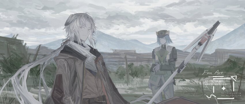 1boy, 1girl, absurdres, animal_ears, arknights, arm_pouch, belt_pouch, black_shirt