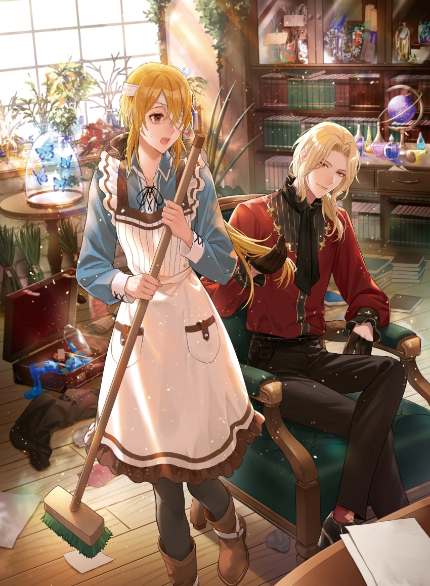 1boy, 1girl, apron, armchair, ascot, bandage_over_one_eye, bell_jar, black_ascot