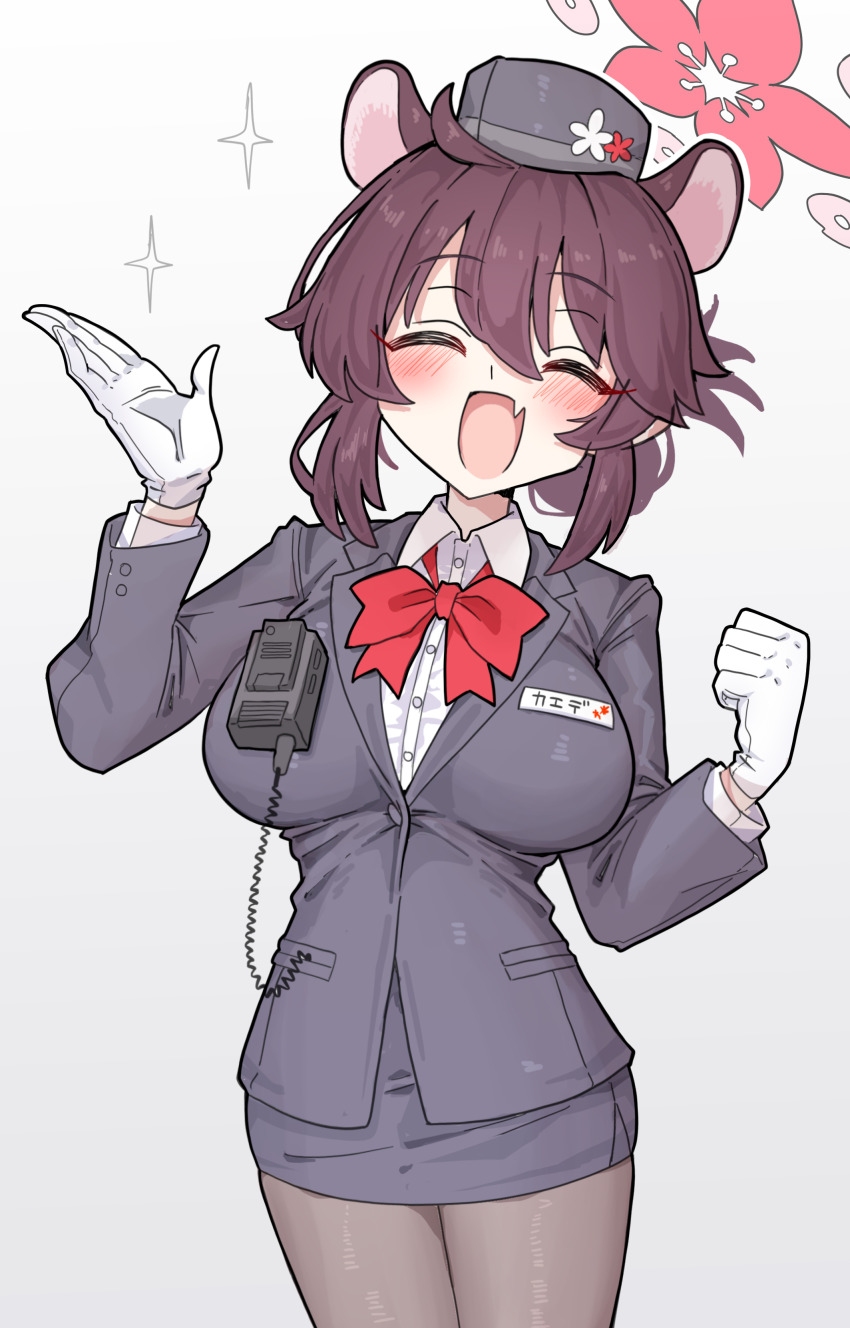 1girl, absurdres, animal_ears, black_hat, black_jacket, black_skirt, blue_archive, bow