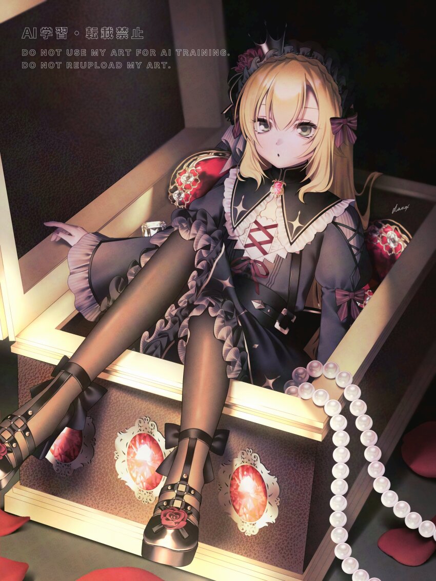 1boy, absurdres, black_dress, black_hairband, black_pantyhose, black_shoes, blonde_hair, bow, brooch, crossdressing, crossdressing_(mtf), crown, dark, dazz_(dazz_gp3yd), dress, flower, frilled_dress, frilled_hairband, frilled_sleeves, frills, full_body, gem, gothic_lolita, green_eyes, hairband, highres, in_container, jewelry, juliet_sleeves, lolita_fashion, long_hair, long_sleeves, looking_at_viewer, male_focus, necklace, nijisanji, official_alternate_costume, pantyhose, pearl_necklace, petticoat, puffy_sleeves, red_flower, red_gem, red_rose, rose, shoes, solo, strappy_heels, trap, unworn_jewelry, unworn_necklace, uzuki_kou, uzuki_kou_(4th_costume), virtual_youtuber, watermark