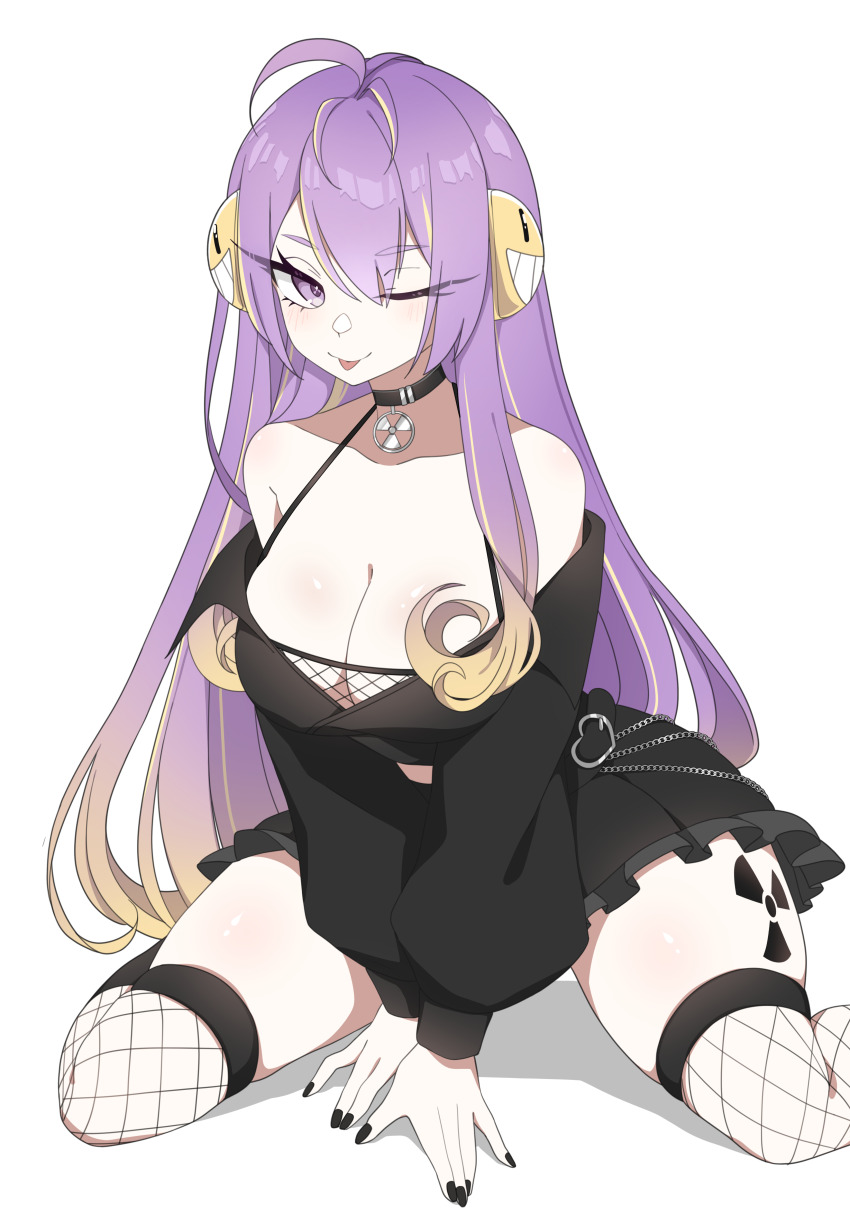 1girl, ;p, absurdres, ahoge, alternate_costume, black_choker, black_nails, black_shirt, black_skirt, breasts, buckle, chain, choker, eyelashes, fishnets, frilled_skirt, frills, goth_fashion, headphones, heart, heart-shaped_buckle, highres, indie_virtual_youtuber, kneeling, large_breasts, leg_tattoo, multicolored_hair, navel, nekoromancer, one_eye_closed, purple_eyes, purple_hair, radiation_symbol, radiation_symbol-shaped_pupils, shirt, skirt, smiley_face, solo, symbol-shaped_pupils, tattoo, tongue, tongue_out, virtual_youtuber, vividly_vivi