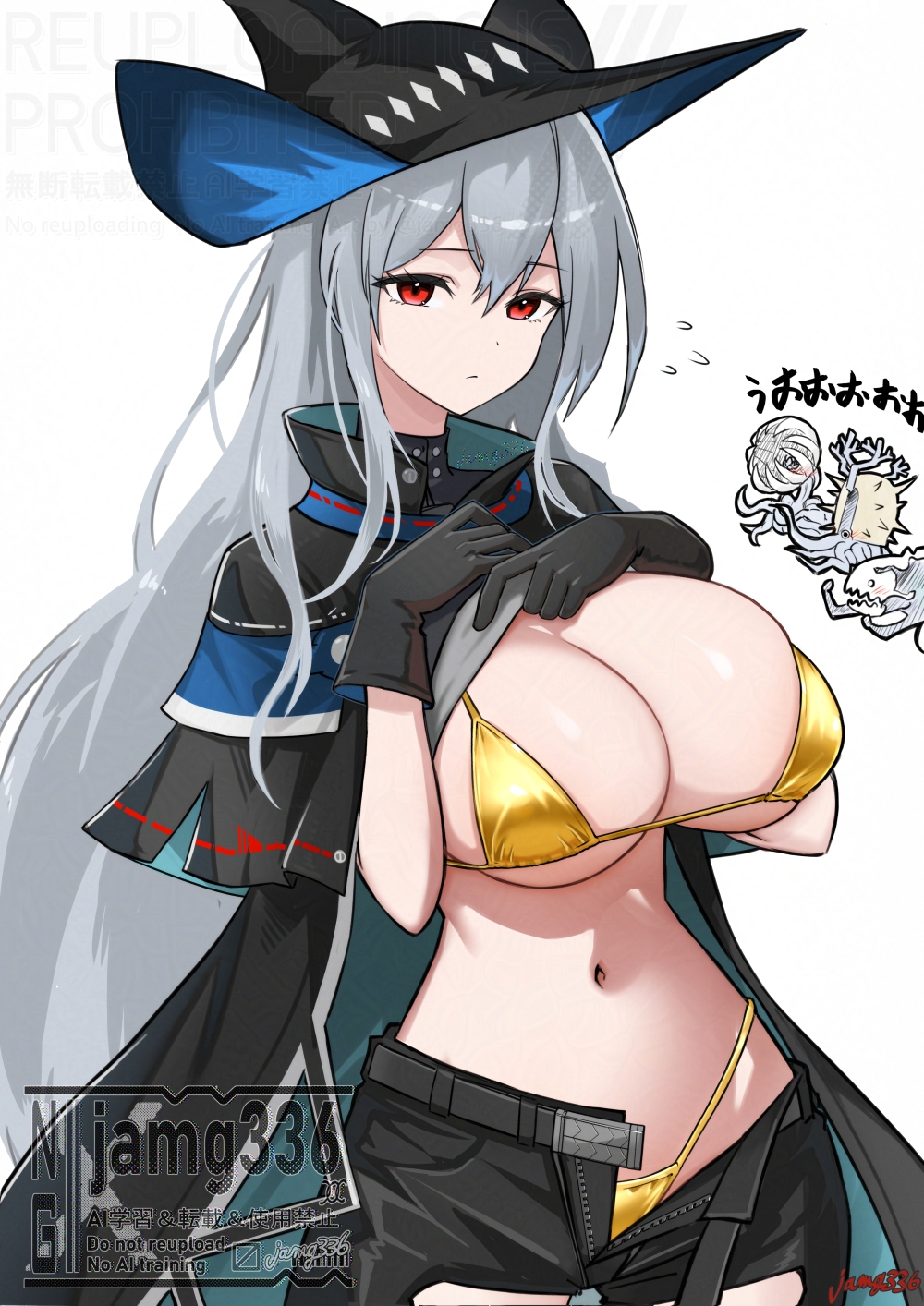 1girl, arknights, bikini, bikini_under_clothes, black_coat, black_gloves, black_hair, black_hat, black_pants, breasts, clothes_lift, coat, deep_sea_slider_(arknights), gloves, gold_bikini, grey_hair, hat, highres, huge_breasts, jamg336, lifting_own_clothes, long_hair, navel, nethersea_spewer_(arknights), pants, presenting_breasts, red_eyes, seaborn_(arknights), shirt_lift, simple_background, skadi_(arknights), solo_focus, stomach, swimsuit, the_endspeaker_(arknights), very_long_hair, white_background
