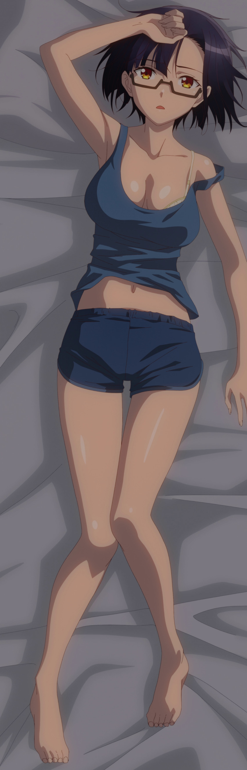1girl, absurdres, bed_sheet, black_hair, blue_shorts, blue_tank_top, bra_strap, breasts, cleavage, glasses, hand_on_own_head, highres, large_breasts, lying, midriff, nias_carlin, on_back, ore_wa_seikan_kokka_no_akutoku_ryoushu!, semi-rimless_eyewear, short_hair, shorts, solo, stitched, tank_top, third-party_edit, under-rim_eyewear, yellow_eyes