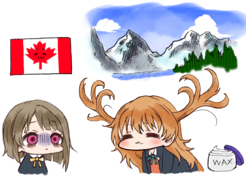 2girls, :3, black_jacket, bob_cut, brown_hair, canadian_flag, cloud, cloudy_sky, commentary, english_text, fake_antlers, forest, jacket, konoe_kanata, landscape, long_hair, love_live!, love_live!_nijigasaki_high_school_idol_club, messy_hair, mountain, multiple_girls, nakasu_kasumi, nature, neck_ribbon, nijigasaki_school_uniform, nori_shio_(ususiosaikou), orange_hair, pun, ribbon, school_uniform, short_hair, sky, sweat, turn_pale, wax, white_background