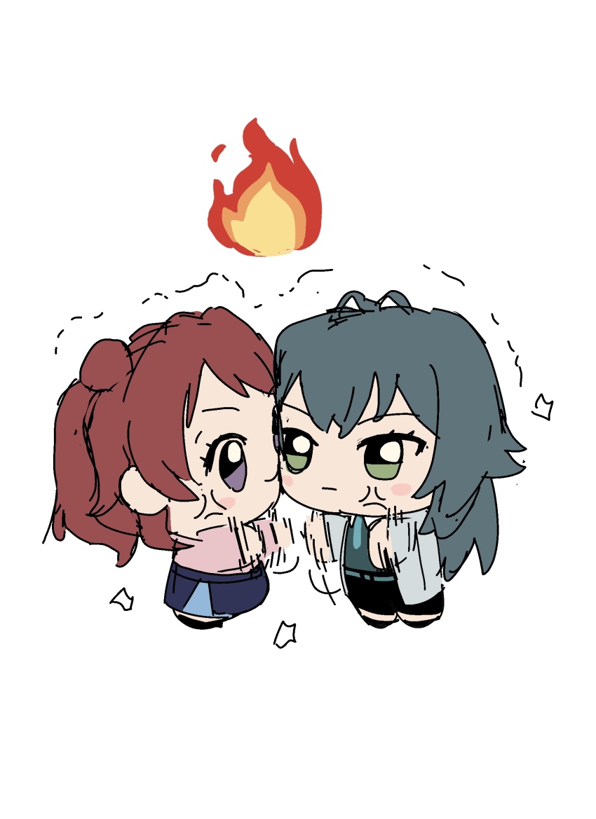 2girls, absurdres, afterimage, anger_vein, brown_hair, catfight, chibi, chibi_only