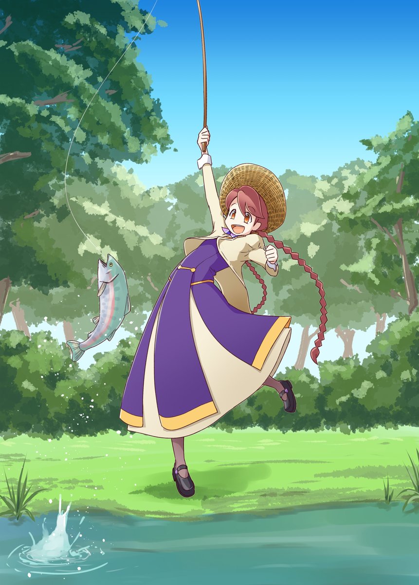 1girl, apocalypse_hotel, arm_up, blue_sky, braid, brown_eyes, brown_hair, bush