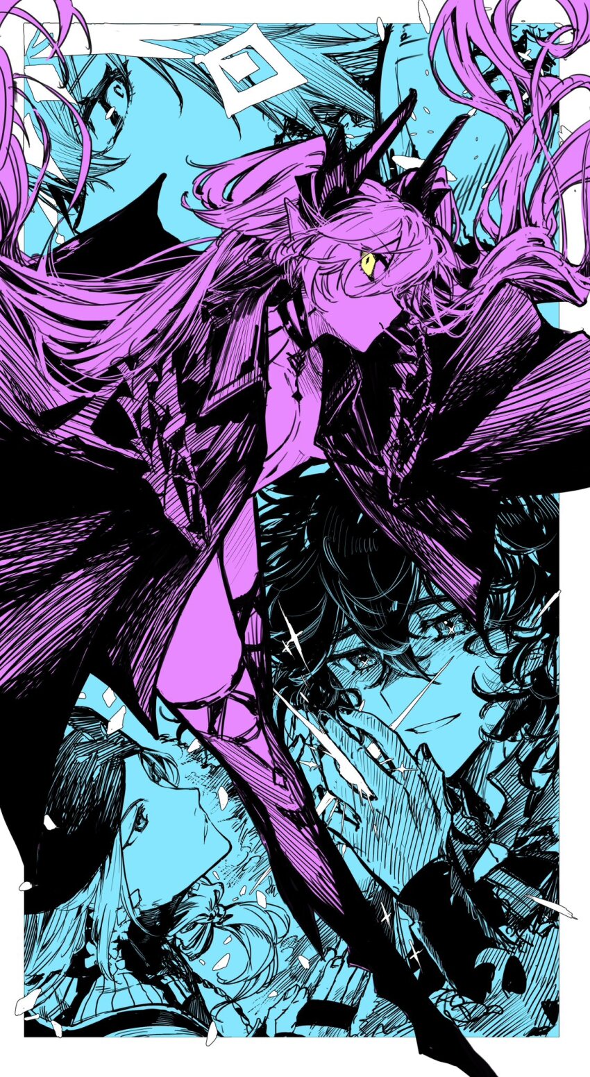 2boys, aiiro, ashoka_(fate), body_markings, breasts, candy, choker, cleavage, dante_alighieri_(fate), demon_horns, fate/grand_order, fate_(series), food, food_in_mouth, full_body, highres, horns, jacket, jeanne_d'arc_(fate), lilith_(fate), lilith_(second_ascension)_(fate), lollipop, lollipop_in_mouth, long_hair, looking_at_viewer, medium_hair, metatron_jeanne_(fate), metatron_jeanne_(third_ascension)_(fate), multiple_boys, twintails, yellow_eyes