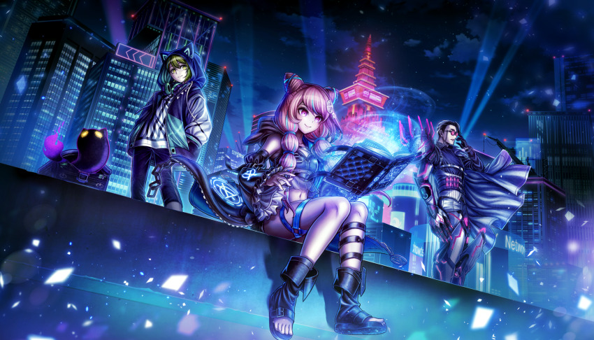 1girl, 2boys, black_hair, book, braid, cape, cone_hair_bun, double_bun, floating, floating_book, floating_object, gotanda_yutaka, green_eyes, green_hair, hair_bun, highres, hood, hood_up, kohinata_koishi, long_hair, midriff, multi-tied_hair, multiple_boys, navel, non-web_source, official_art, pink_eyes, pink_hair, reading, semba_tsuruko, sitting, smile, sunglasses, tribe_nine, twin_braids