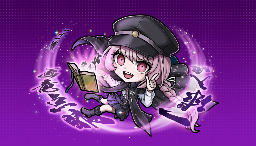1girl, :d, black_cloak, black_hat, black_skirt, book, braid, chibi
