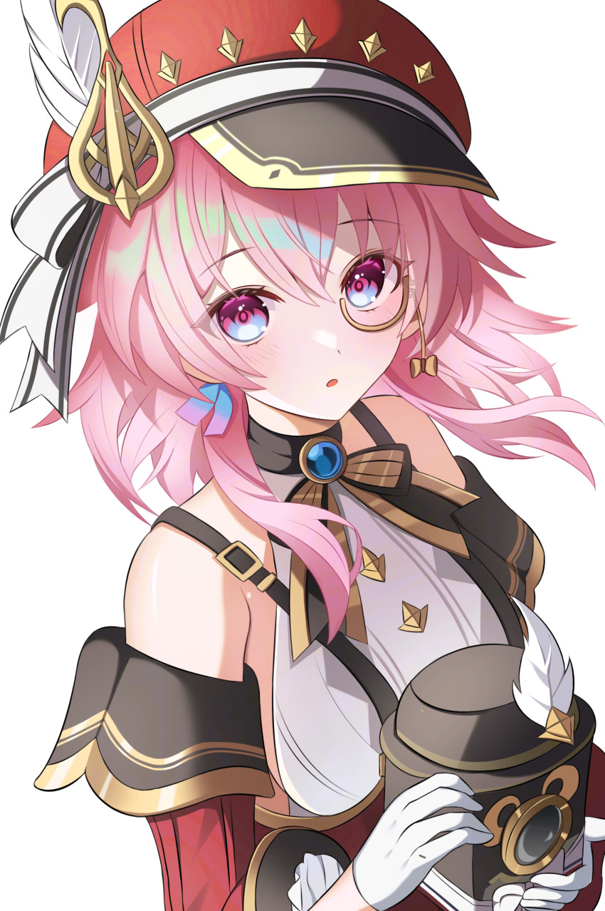 1girl, :o, absurdres, bare_shoulders, blue_gem, camera, charlotte_(genshin_impact), charlotte_(genshin_impact)_(cosplay)