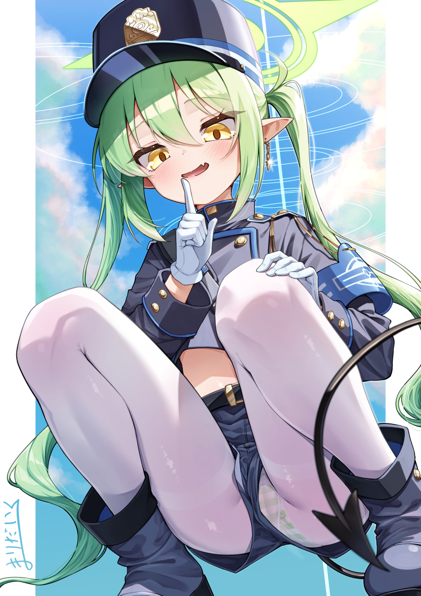 1girl, absurdres, blue_archive, demon_girl, demon_tail, fang, finger_to_mouth, gloves, green_hair, green_halo, green_panties, halo, hat, highres, loli, long_hair, long_sleeves, marimo_daifuku, nozomi_(blue_archive), open_mouth, panties, panties_under_pantyhose, pantyhose, pantyshot, pointy_ears, shorts, skin_fang, solo, squatting, striped_clothes, striped_panties, tail, twintails, underwear, upshorts, white_gloves, white_pantyhose, yellow_eyes