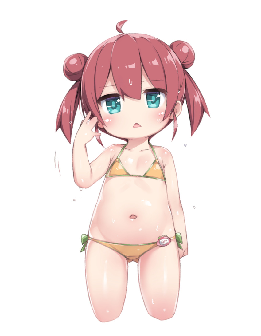 1girl, ahoge, bikini, blue_eyes, cropped_legs, double_bun, flat_chest, gold_bikini