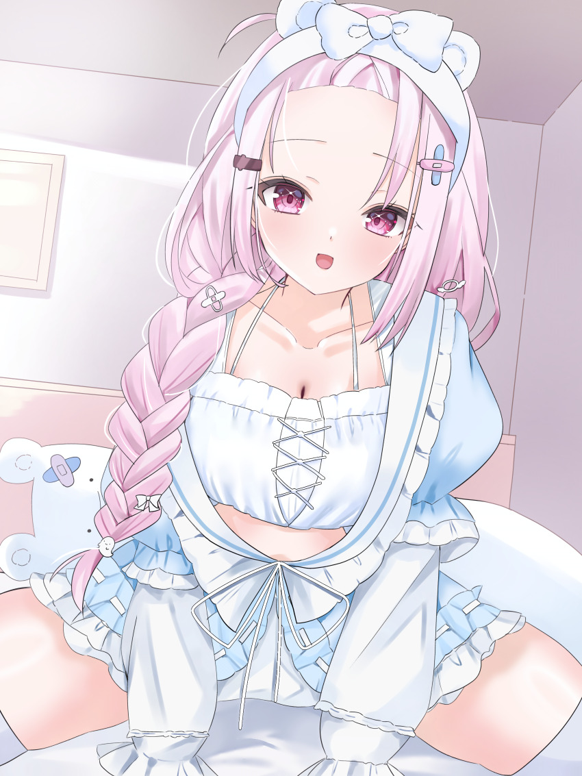1girl, absurdres, bandaid, bandaid_hair_ornament, bangs_pinned_back, blue_skirt, blush, bra, braid, breasts, cleavage, collarbone, forehead, ghost_hair_ornament, hair_ornament, hairclip, highres, large_breasts, long_hair, long_sleeves, looking_at_viewer, loungewear, nijisanji, open_mouth, pillow, pink_eyes, pink_hair, shiina_yuika, shiina_yuika_(13th_costume), skirt, smile, solo, spread_legs, thighhighs, thighs, tillots, underwear, virtual_youtuber, white_bra, white_thighhighs