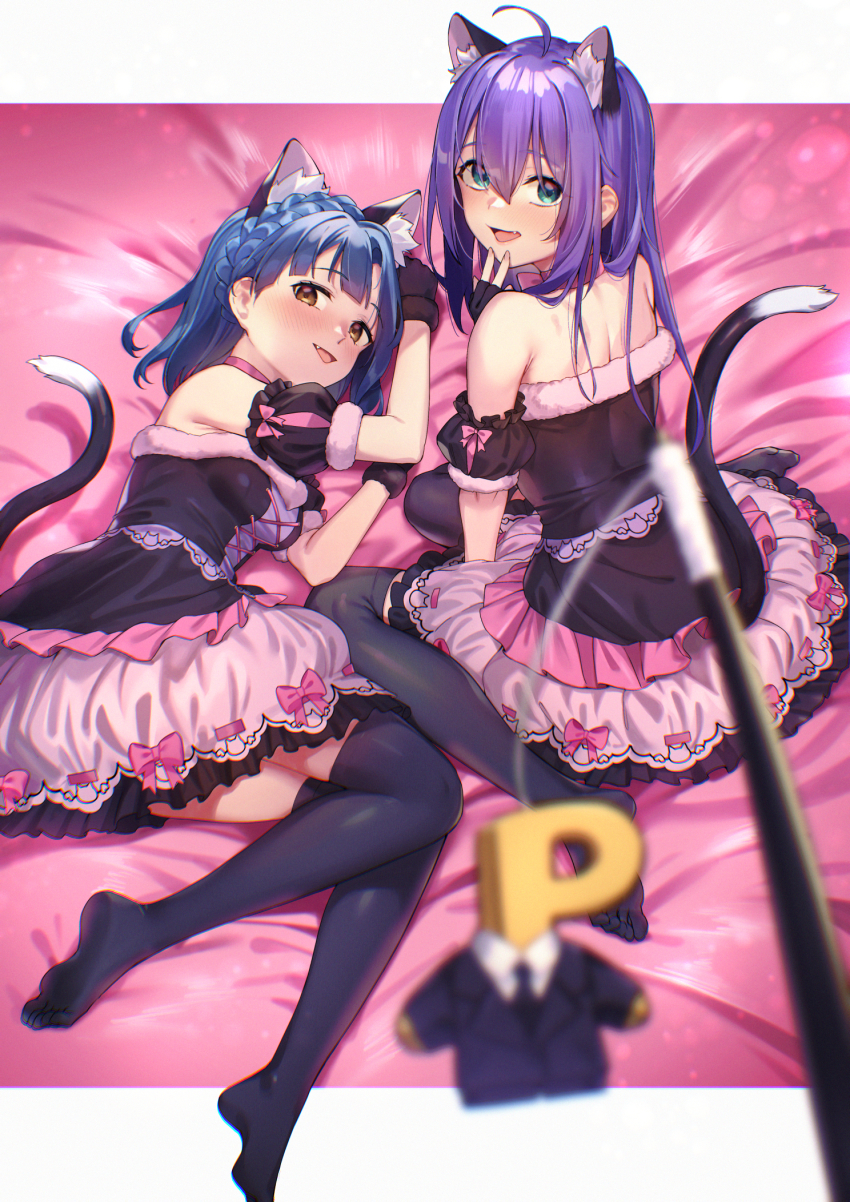 2girls, ahoge, animal_ears, arm_garter, bed_sheet, black_gloves, black_shirt, black_thighhighs