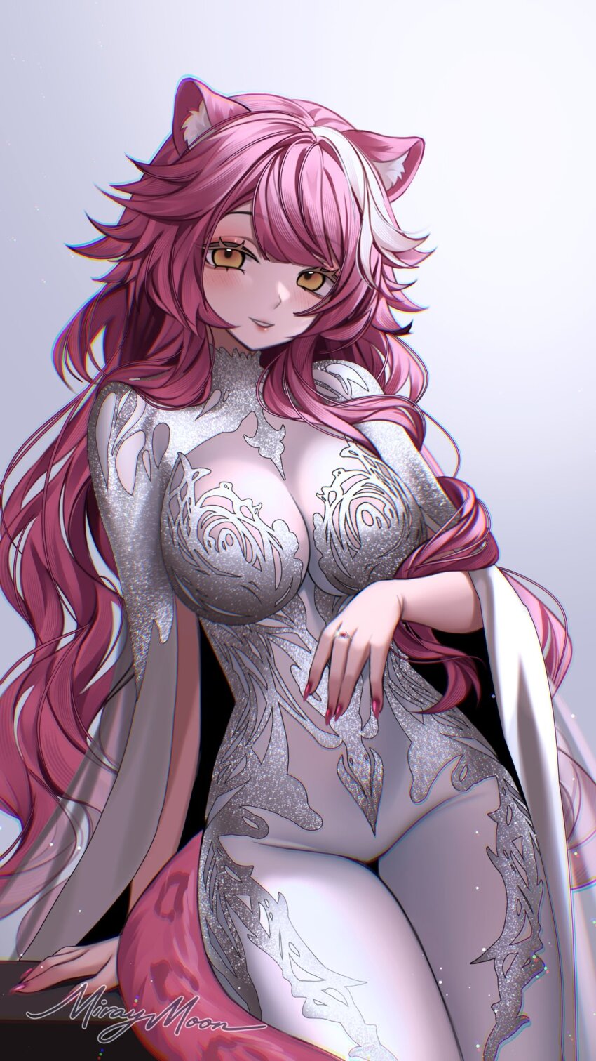 1girl, animal_ears, arm_support, blush, breasts, cape, chronopattern_dress, dress