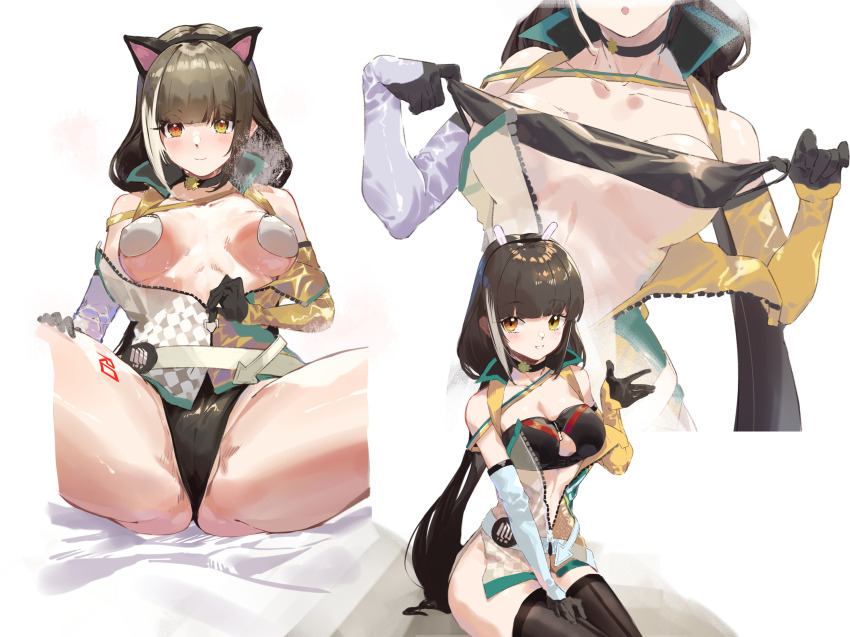 1girl, absurdres, animal_ears, black_thighhighs, blush, breasts, breasts_apart, brown_eyes