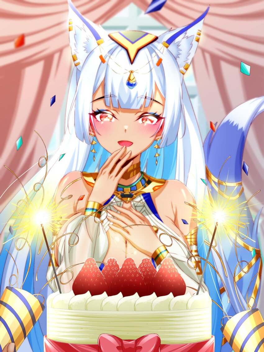 1a1acthulhu, 1girl, animal_ear_fluff, animal_ears, blue_eyeshadow, blue_hair, blush, breasts