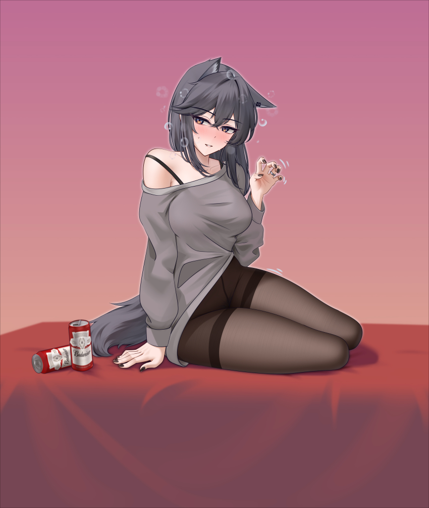 1girl, absurdres, alter_kamerade, animal_ears, arknights, arm_support, bare_shoulders, beer_can