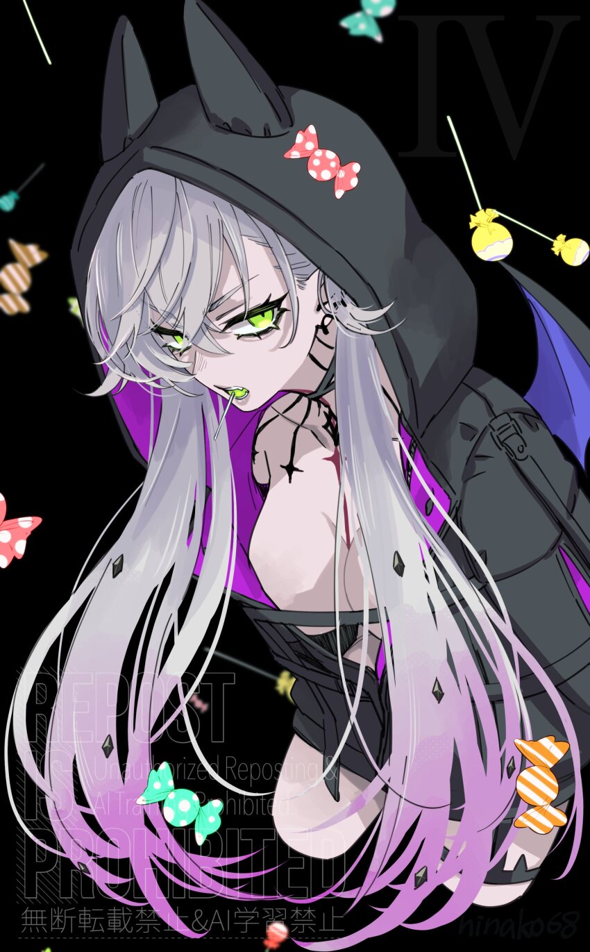 absurdres, body_markings, candy, demon_girl, earrings, fate/grand_order, fate_(series), food, food_in_mouth, green_eyes, grey_hair, highres, hinako68, holding, holding_food, hood, horns_through_hood, jacket, jewelry, lilith_(fate), lilith_(first_ascension)_(fate), lollipop, lollipop_in_mouth, multiple_earrings, naked_jacket, pointy_ears, twintails