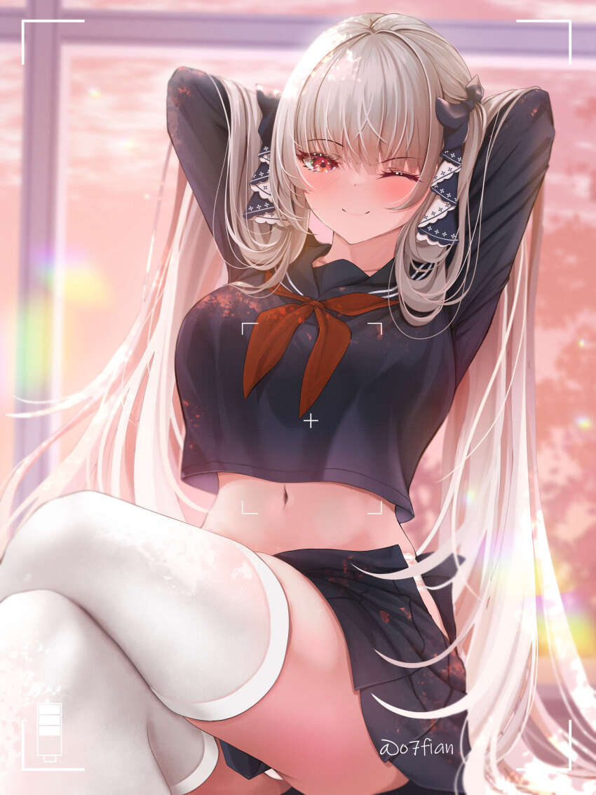 1girl, absurdly_long_hair, absurdres, arms_behind_head, azur_lane, battery_indicator, black_sailor_collar, black_serafuku