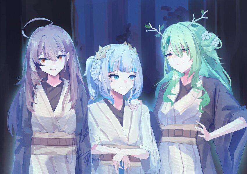 3girls, antlers, blue_eyes, brown_hair, ceres_fauna, flower, force_ghost, forest, gawr_gura, ghost, green_hair, hair_flower, hair_ornament, highres, hololive, hololive_english, horns, jedi, long_hair, multicolored_hair, multiple_girls, nanashi_mumei, nature, smile, star_wars, streaked_hair, virtual_youtuber, yellow_eyes, zull