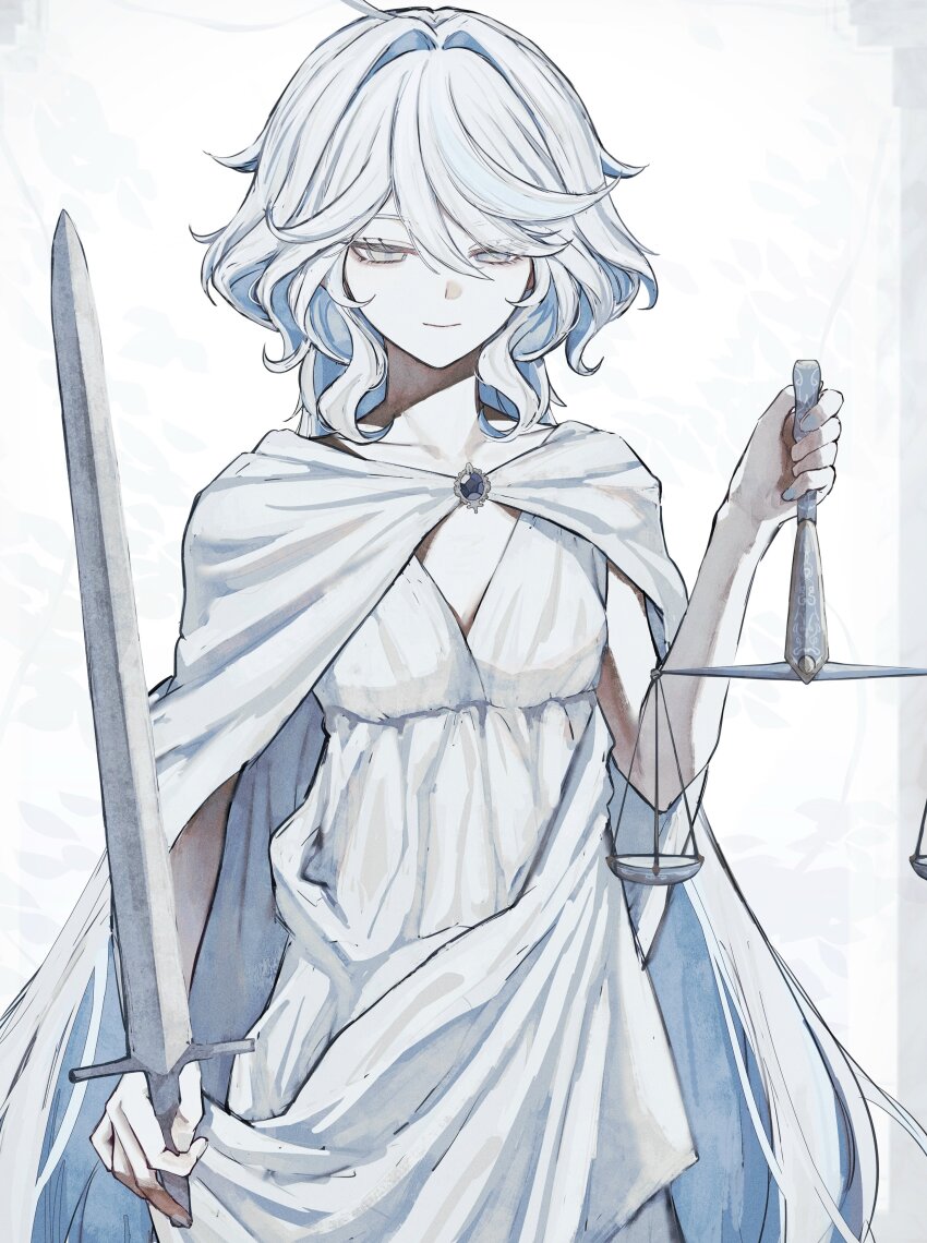 1girl, absurdres, ahoge, alternate_costume, balance_scale, cape, collarbone, cowboy_shot