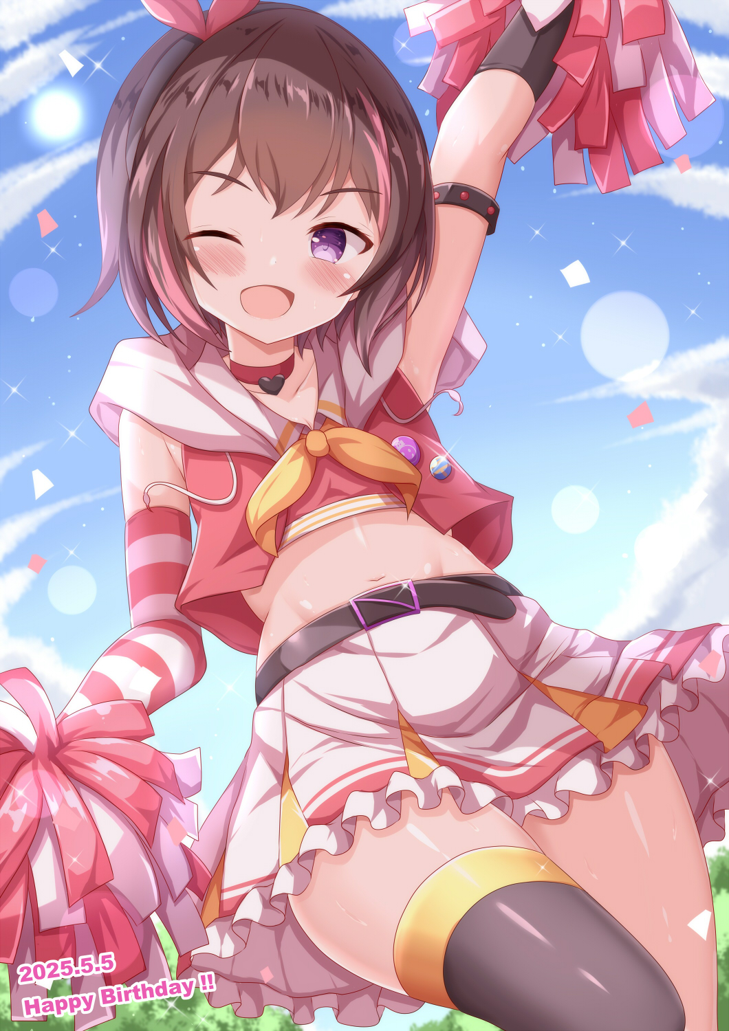 1girl, ;d, arm_up, black_hairband, black_thighhighs, blue_sky, blush, brown_hair