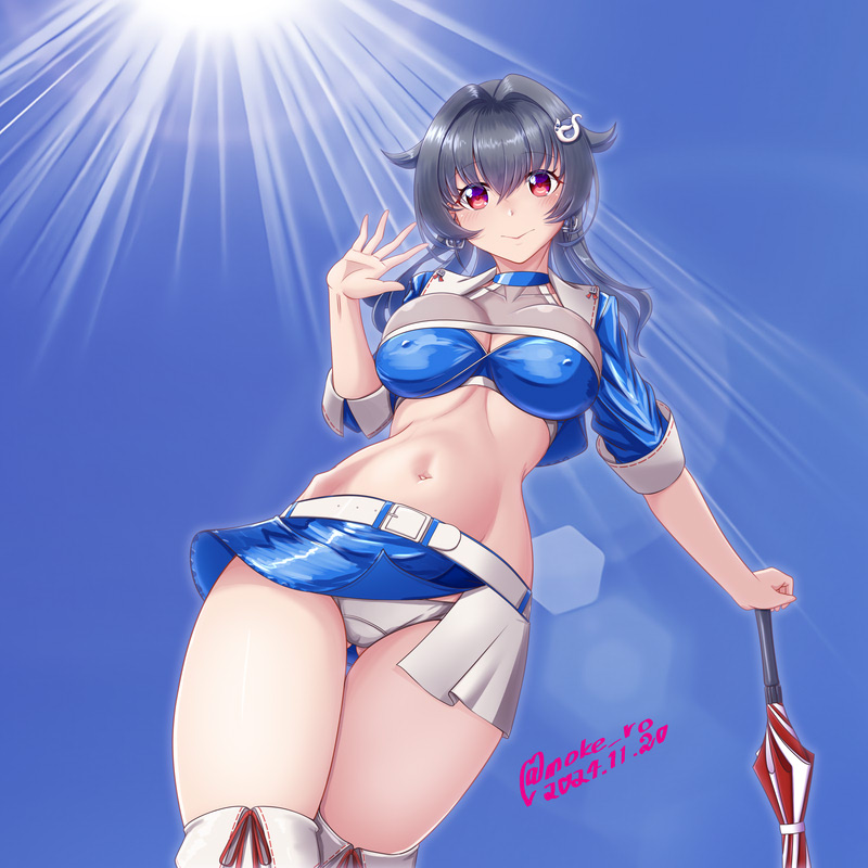 1girl, bandeau, belt, black_hair, blue_bandeau, blue_choker, blue_jacket, blue_skirt