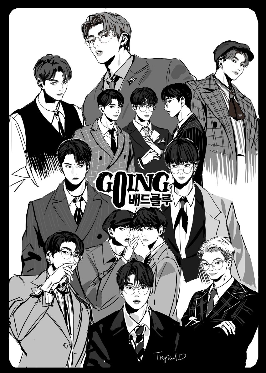 6+boys, coat, commentary, crossed_arms, dino_(seventeen), dk_(seventeen), formal_clothes, glasses