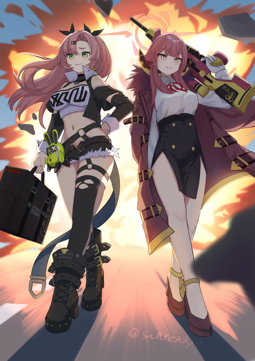 2girls, amillion_(zenless_zone_zero), aru_(blue_archive), black_boots, black_jacket, black_ribbon, black_shorts, black_skirt