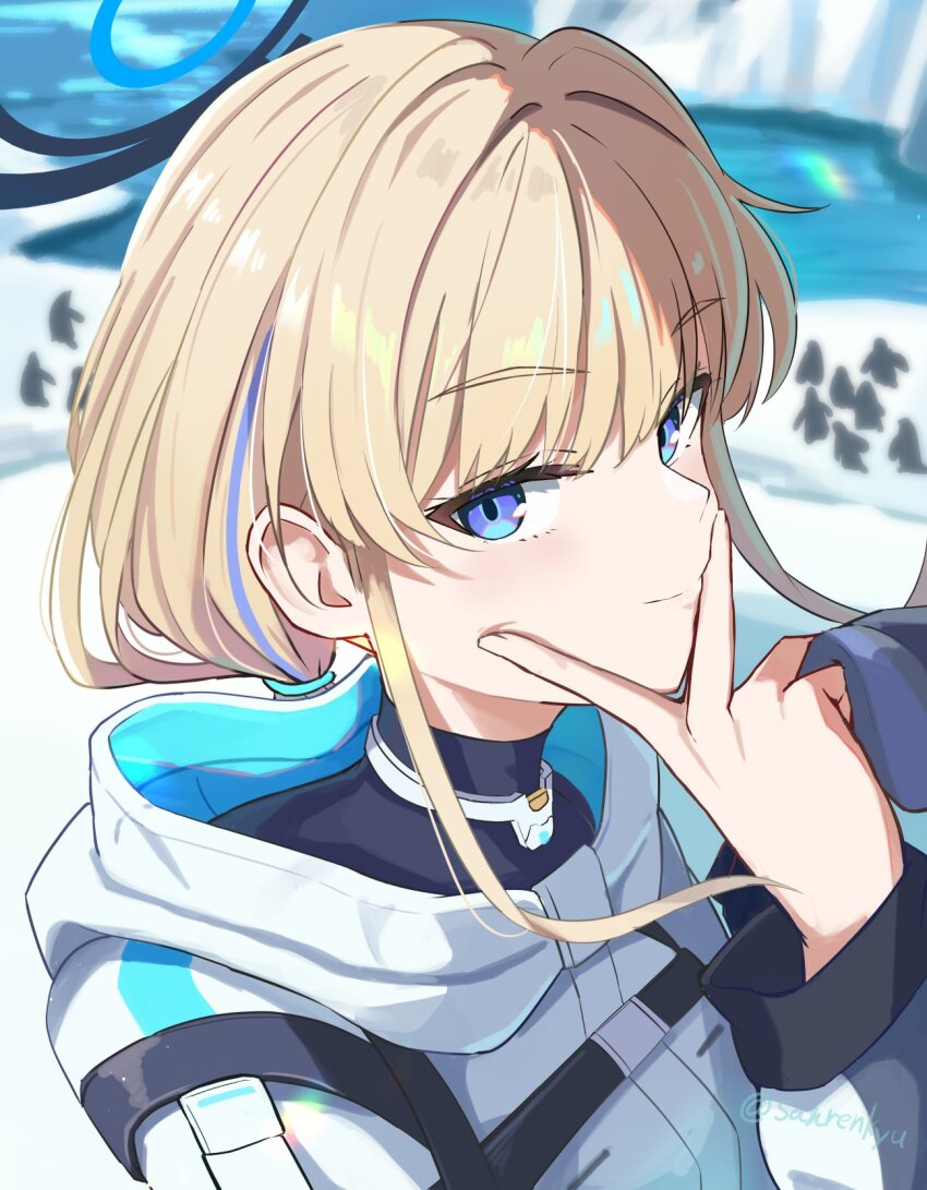 1girl, bird, black_shirt, blonde_hair, blue_archive, blue_eyes, blue_halo, closed_mouth