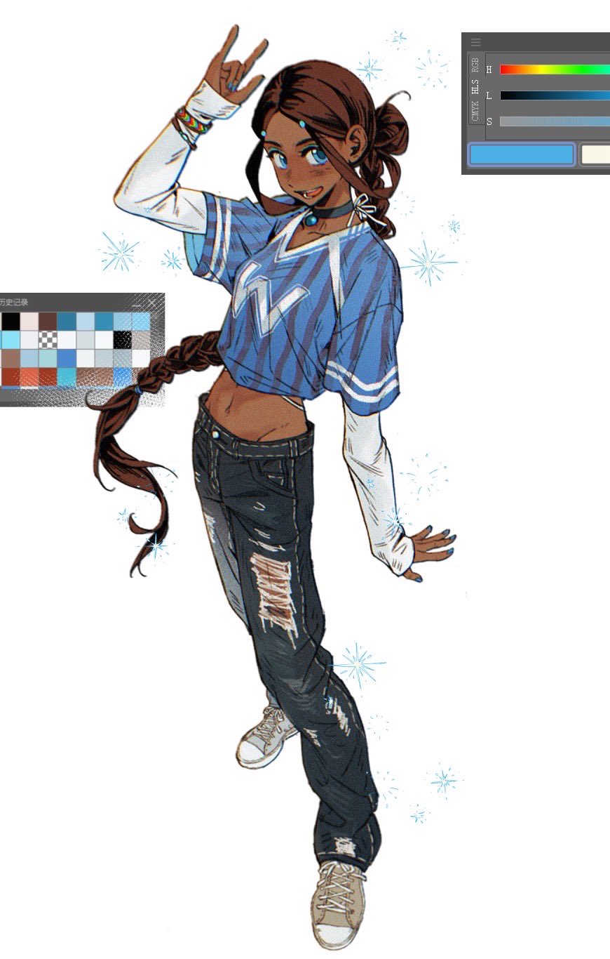 1girl, alternate_costume, avatar:_the_last_airbender, avatar_legends, blue_eyes, blue_nails, blue_shirt, braid, breasts, brown_hair, choker, color_guide, cropped_shirt, dark-skinned_female, dark_skin, denim, gymnopedies2, highres, jeans, jewelry, katara, long_hair, looking_at_viewer, medium_breasts, midriff, navel, open_mouth, pants, shirt, smile, solo, sparkle, torn_clothes, torn_jeans, torn_pants, white_background