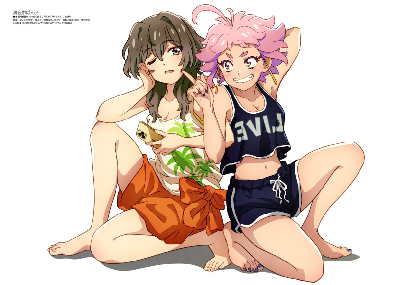 2girls, absurdres, ahoge, bare_shoulders, black_shirt, black_shorts, blue_nails, breasts, brown_hair, cleavage, full_body, green_eyes, hand_on_own_cheek, hand_on_own_face, hawaiian_shirt, highres, holding, holding_phone, live_(mayonaka_punch), long_hair, looking_at_another, magazine_scan, masaki_(mayonaka_punch), mayonaka_punch, megami_magazine, midriff, multiple_girls, navel, official_art, one_eye_closed, open_mouth, orange_shorts, phone, pink_hair, pointing, pointing_at_another, red_eyes, satou_sanae, scan, shirt, short_shorts, shorts, simple_background, smile, white_background