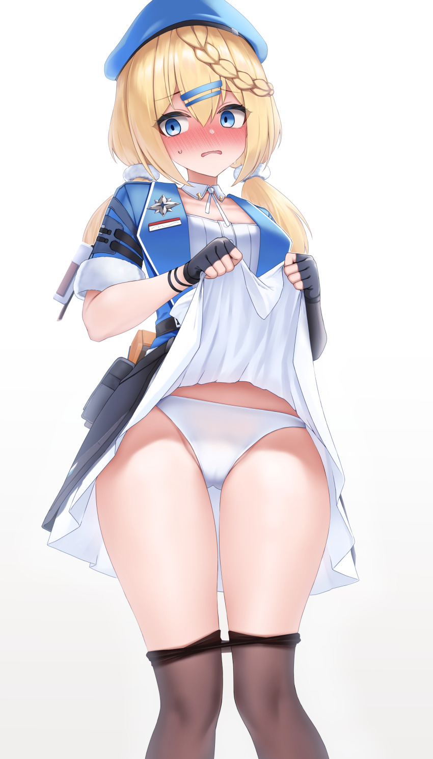 1girl, absurdres, black_gloves, black_skirt, blonde_hair, blue_eyes, blue_jacket, blush