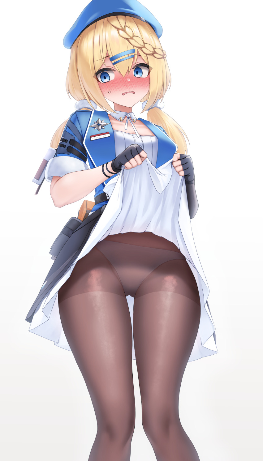 1girl, absurdres, black_gloves, black_skirt, blonde_hair, blue_eyes, blue_jacket, blush, braid, breasts, clothes_lift, commission, ehart, embarrassed, fingerless_gloves, from_below, frown, girls'_frontline, girls'_frontline_2:_exilium, gloves, hair_between_eyes, hair_ornament, hairclip, hands_up, highres, hip_focus, jacket, knees_together_feet_apart, lifting_own_clothes, long_hair, looking_at_viewer, looking_down, medium_breasts, open_clothes, open_jacket, panties, pantyhose, papasha_(girls'_frontline_2), parted_lips, pixiv_commission, ppsh-41_(girls'_frontline), shirt, single_braid, skirt, skirt_lift, solo, standing, thigh_gap, thighs, twintails, underwear, white_panties, white_shirt