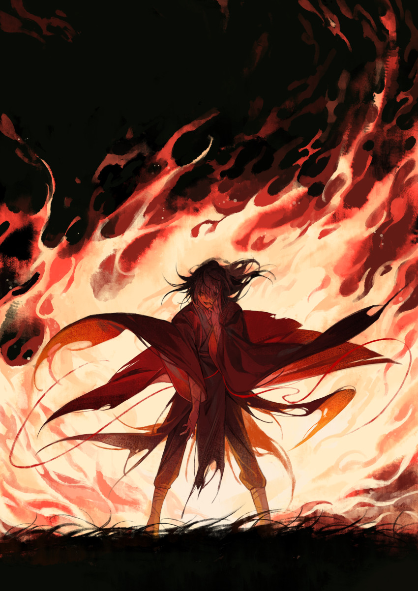 1boy, absurdres, bandaged_leg, bandages, black_hair, black_hanfu, blood, burning