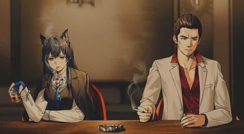 1boy, 1girl, animal_ear_fluff, animal_ear_piercing, animal_ears, arknights, ashtray, bar_(place)