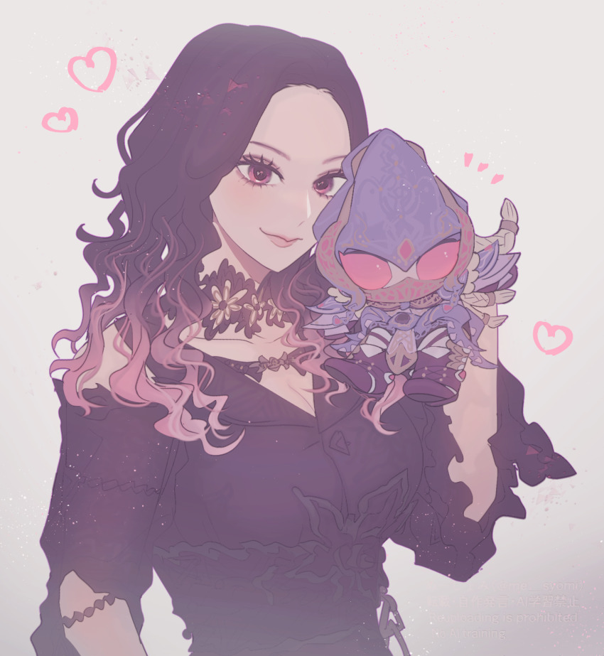 1girl, black_dress, black_hair, braid, breasts, chibi, cleavage, closed_mouth