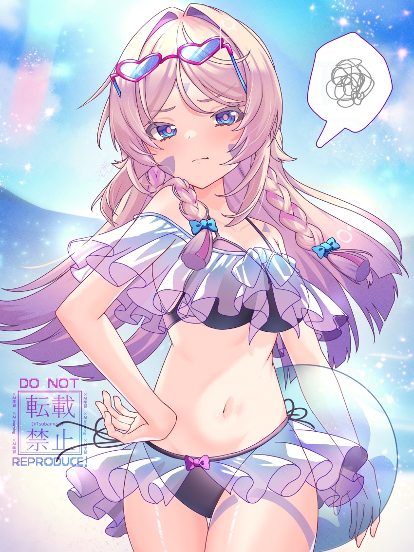 1girl, alternate_costume, ball, bare_shoulders, beachball, bikini, black_bikini, blue-tinted_eyewear