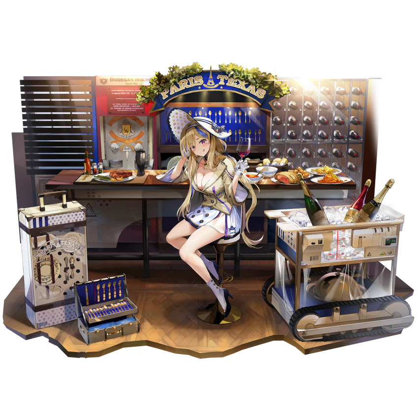 1girl, :d, ahoge, alcohol, artist_request, baked_potato, bar_(place), beer