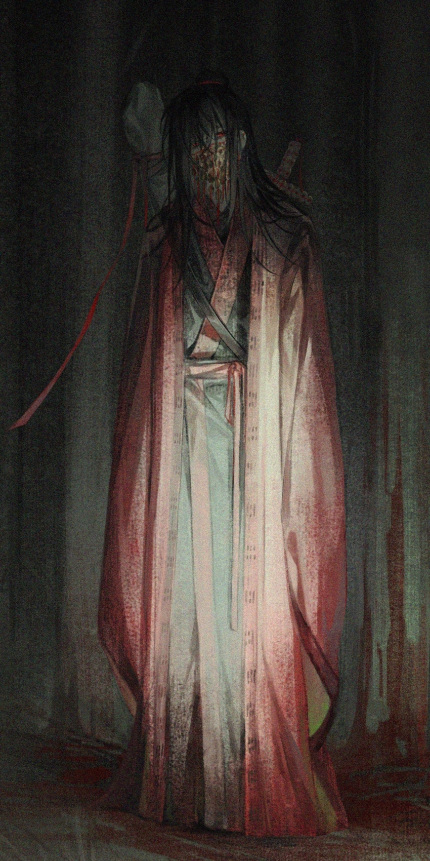 1boy, absurdres, bandages, black_hair, black_hanfu, blood, blood_on_clothes, chinese_clothes, chinese_commentary, coat, coin, coin_sword, covered_mouth, dao_gui_yi_xian, full_body, hair_bun, hair_ribbon, hanfu, head_tilt, highres, holed_coin, horror_(theme), li_huowang, long_hair, long_sleeves, looking_at_viewer, male_focus, mask, mouth_veil, red_coat, red_eyes, red_ribbon, red_sash, ribbon, robe, sash, shade, shiqi274, single_hair_bun, sleeves_past_fingers, sleeves_past_wrists, solo, standing, sword, sword_on_back, veil, weapon, weapon_on_back, wide_sleeves