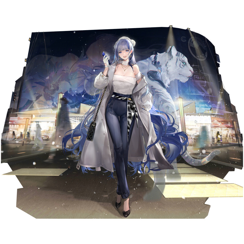 1girl, artist_request, black_pants, blue_eyes, blue_hair, breasts, cellphone, check_artist, city_lights, cleavage, coat, crosswalk, detached_collar, full_body, game_cg, girls'_frontline, girls'_frontline_neural_cloud, gloves, highres, holding, holding_phone, hubble_(lovely_star-dusted_night)_(neural_cloud), hubble_(neural_cloud), lion, looking_at_viewer, night, off-shoulder_shirt, off_shoulder, official_alternate_costume, official_art, open_clothes, open_coat, pants, phone, porafree, ribbed_shirt, road, shirt, sky, smartphone, solo, star_(sky), starry_sky, street, third-party_source, white_coat, white_gloves, white_lion