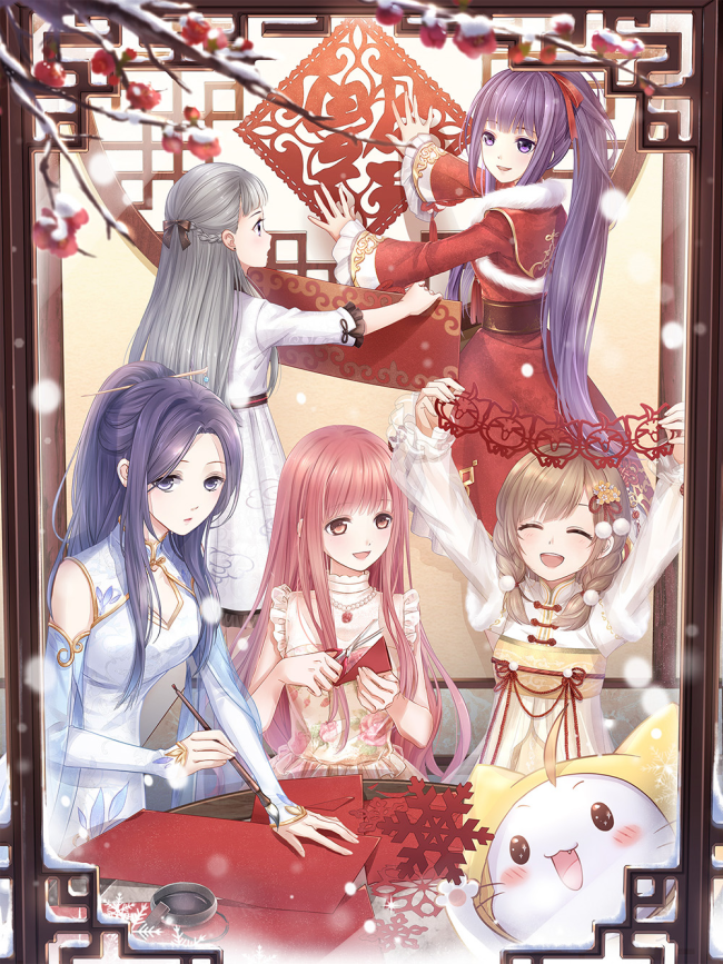 5girls, ^_^, ace_(miracle_nikki), adapted_costume, ahoge, animal, artist_request, bare_arms