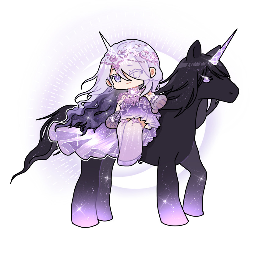 1girl, ad_lunam_(shining_nikki), black_gloves, chibi, circlet, closed_mouth, colored_eyelashes, colored_inner_hair