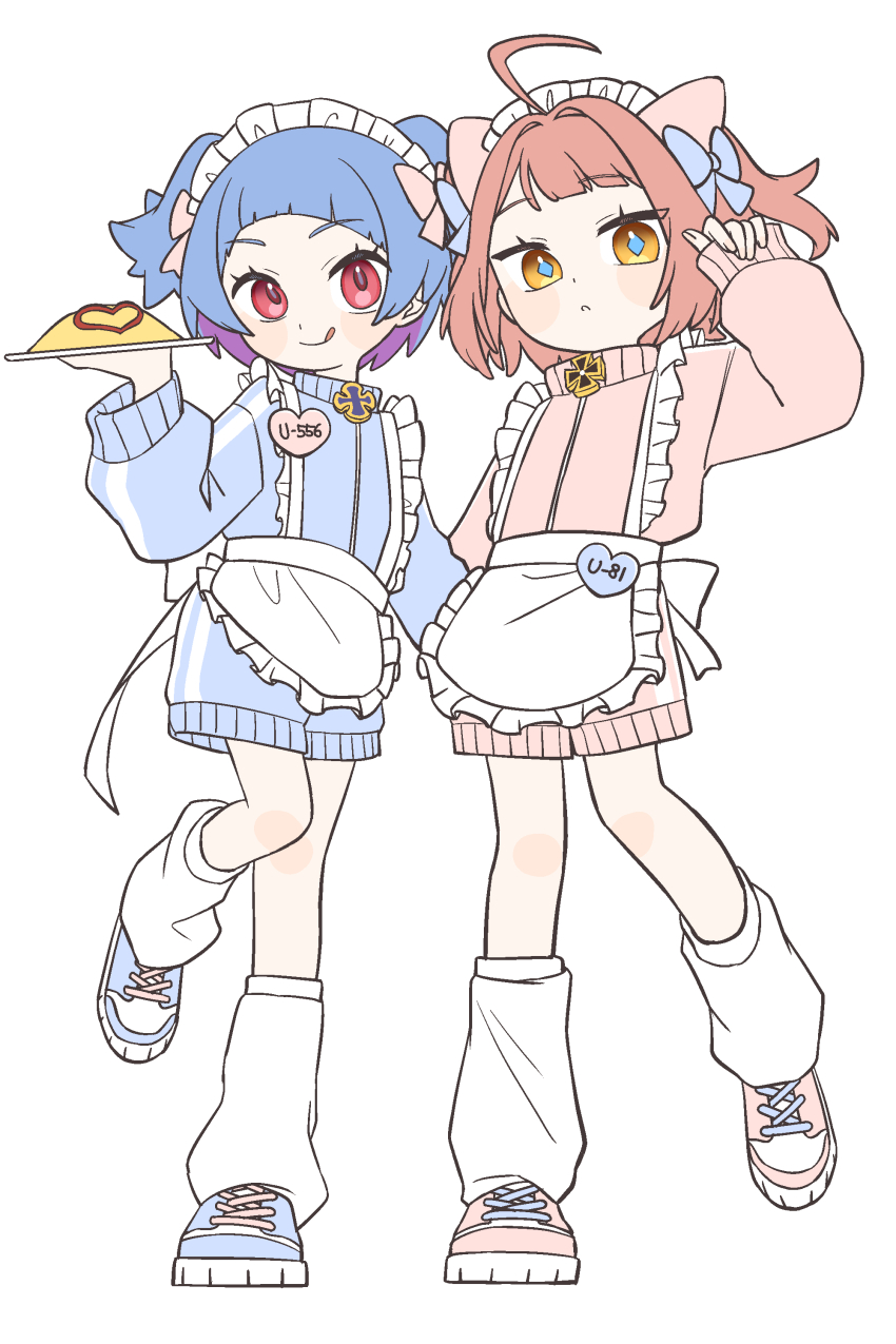 2girls, :q, absurdres, ahoge, apron, azur_lane, blue_hair, blue_pupils