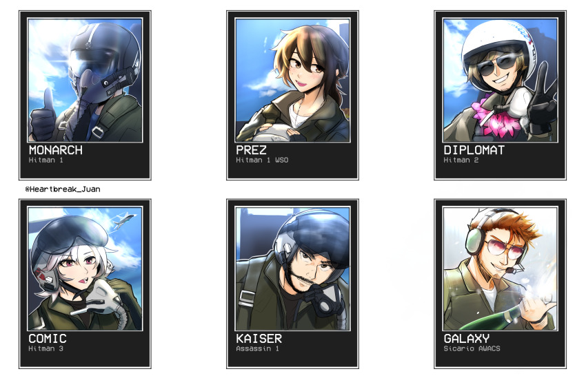 2girls, 4boys, aircraft, airplane, beard, black_gloves, black_hair, bottle, brown_hair, comic_(project_wingman), diplomat_(project_wingman), facial_hair, fighter_jet, freckles, galaxy_(project_wingman), gloves, heartbreak_juan, helmet, highres, holding, holding_bottle, kaiser_(project_wingman), military, military_vehicle, monarch_(project_wingman), multiple_boys, multiple_girls, pilot, pilot_helmet, prez_(project_wingman), project_wingman, red_eyes, sunglasses, thumbs_up, v, white_hair